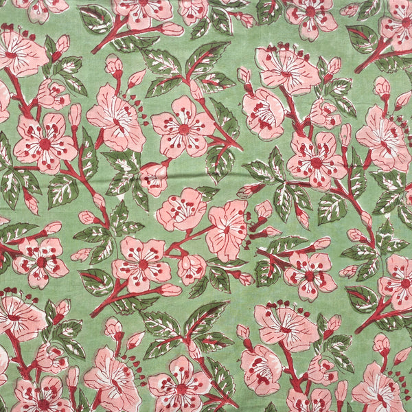 (Pre-Cut 0.80 Meter) Pure Cotton Jaipuri Green With Peach Flower Hand Block Print Fabric