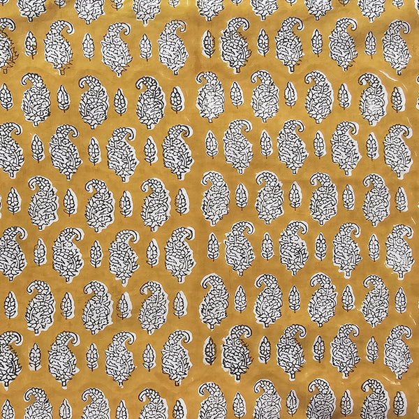 (PRE-CUT 1.95 METER) Pure Cotton Mustard Yellow With White Kairi Hand Block Print Fabric