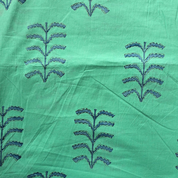 Pure Cotton Discharge Seafoam Green With Blue Space Out Big Leaves Motif Hand Block Print Fabric