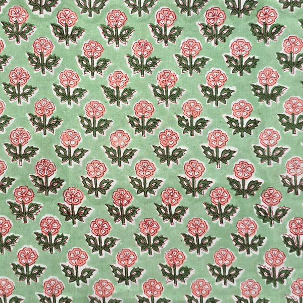 ( Pre-Cut 1.50 Meter ) Pure Cotton Jaipuri Green With Peach Flower Motif Hand Block Print Fabric