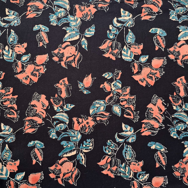 Pure Cotton Discharge Black With Orange  Flower Plants With Green Leaves Hand Block Print Fabric