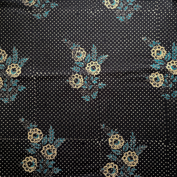 Pure Cotton Discharge Black With Cream Flower And Green Leaves Hand Block Print Fabric