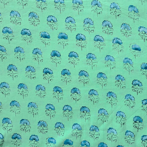 Pure Cotton Discharge Seafoam Green With Blue Tiny Flower Hand Block Print Fabric