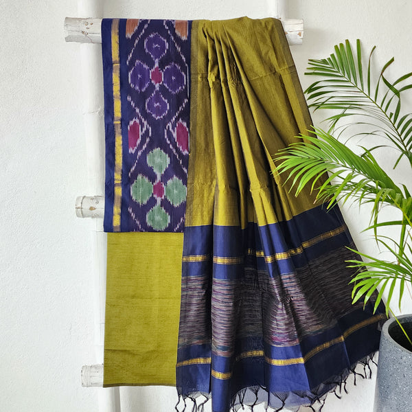 VEDA-Cotton Silk  Navy Blue And Mehandi Green With Intricate Design Suit