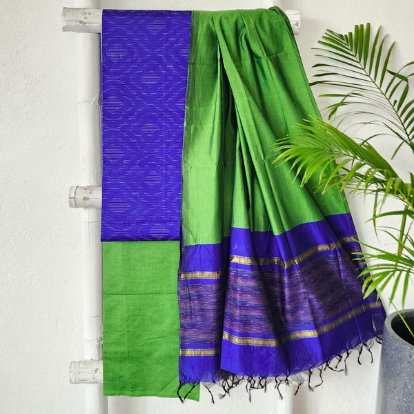 VEDA - Cotton Silk Royal Blue With Green Intricate Design Suit