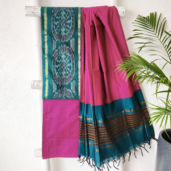 VEDA - Cotton Silk Green With Pink Intricate Design Suit