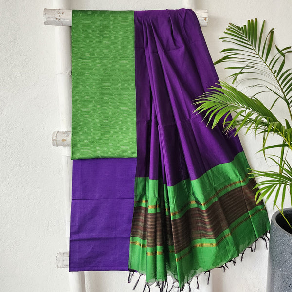 VEDA - Cotton Silk Green With Purple Intricate Design Suit