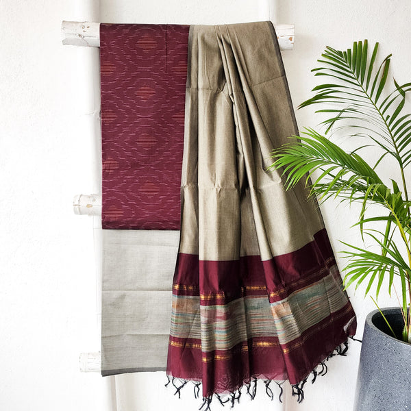 VEDA - Cotton Silk Dark Magenta With Beige Intricate Design Suit