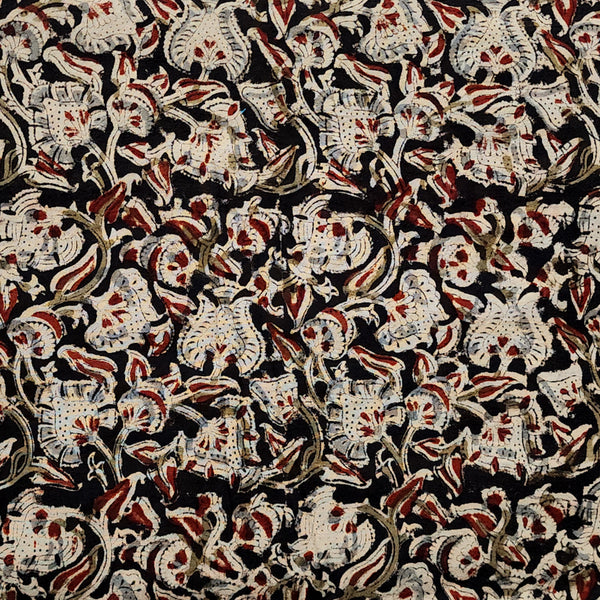 Pure Cotton Kalamkari Black With Grey Flower Jaal Hand Block Print Fabric