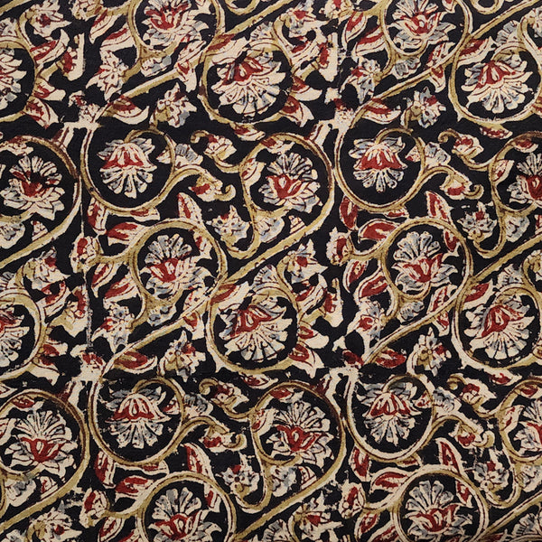 ( Pre-Cut 1.90 Meter ) Pure Cotton Kalamkari Black With Grey Flower Jaal Hand Block Print Fabric