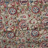 Pure Cotton Kalamkari Olive Green With Peach Flower And Kairi Jaal Hand Block Print Fabric