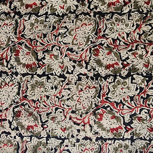 Pure Cotton Kalamkari Black With Mehandi Green  Flower Jaal Hand Block Print Fabric