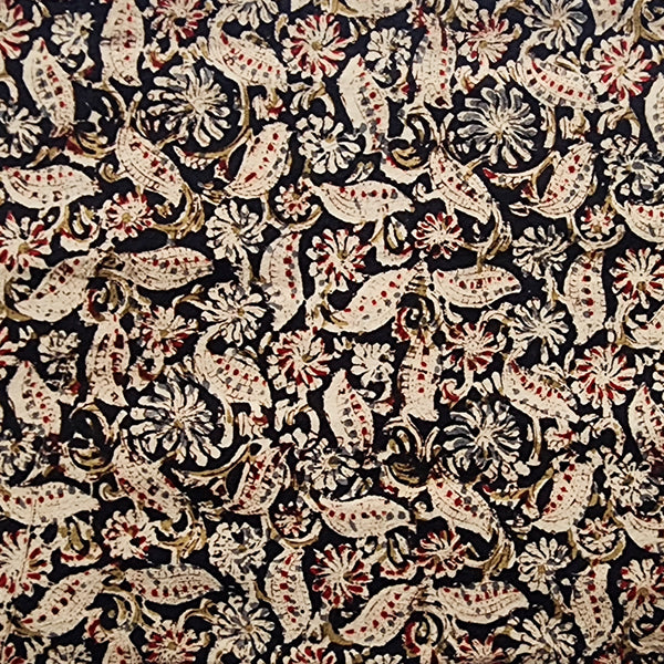 Pure Cotton Kalamkari Black With Grey With Red Leaves And Flower Jaal Hand Block Print Fabric