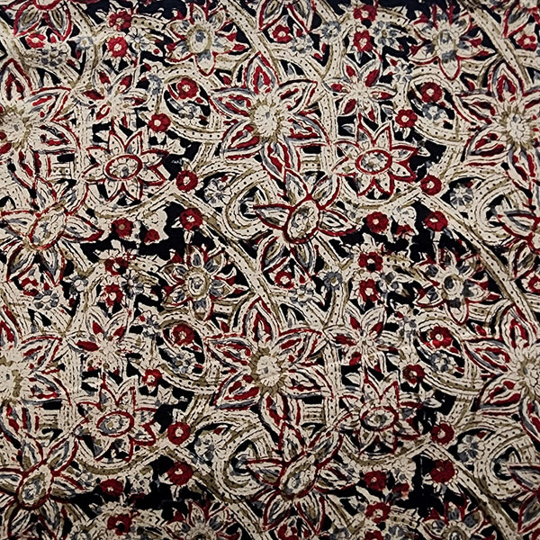 Pure Cotton Kalamkari Black With Grey With Red Flower Jaal Hand Block Print Fabric