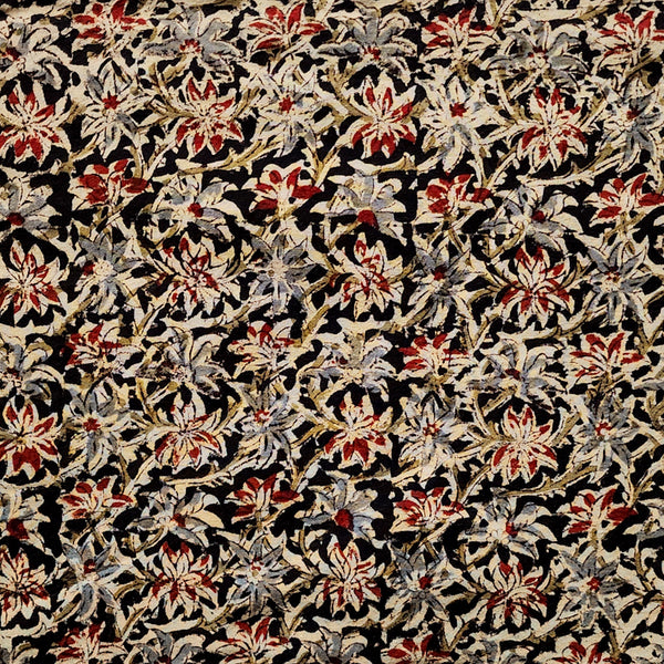 Pure Cotton Kalamkari Black With Red And Grey Flower Jaal Hand Block Print Fabric