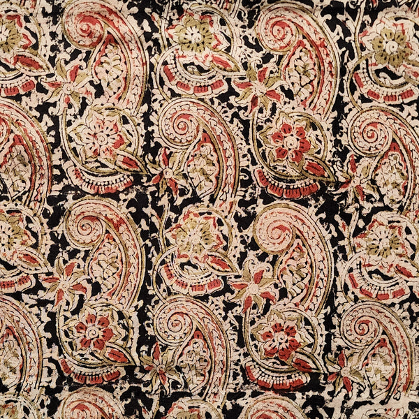 Pure Cotton Kalamkari Black With Green And Red Kairi Motif Hand Block Print Fabric