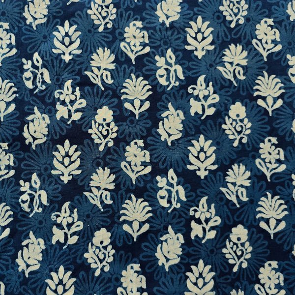 (PRE-CUT 1 METER) Pure Cotton Indigo Flower motif with Self Design  Hand Block Print Fabric