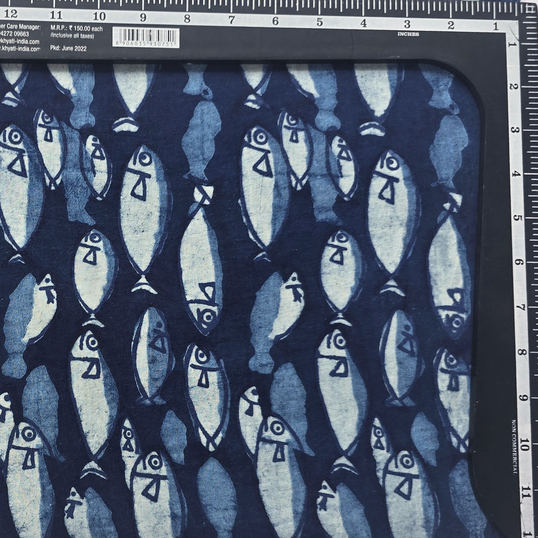Pure Cotton Indigo Blue with white Group of fish motif Hand Block Prin ...