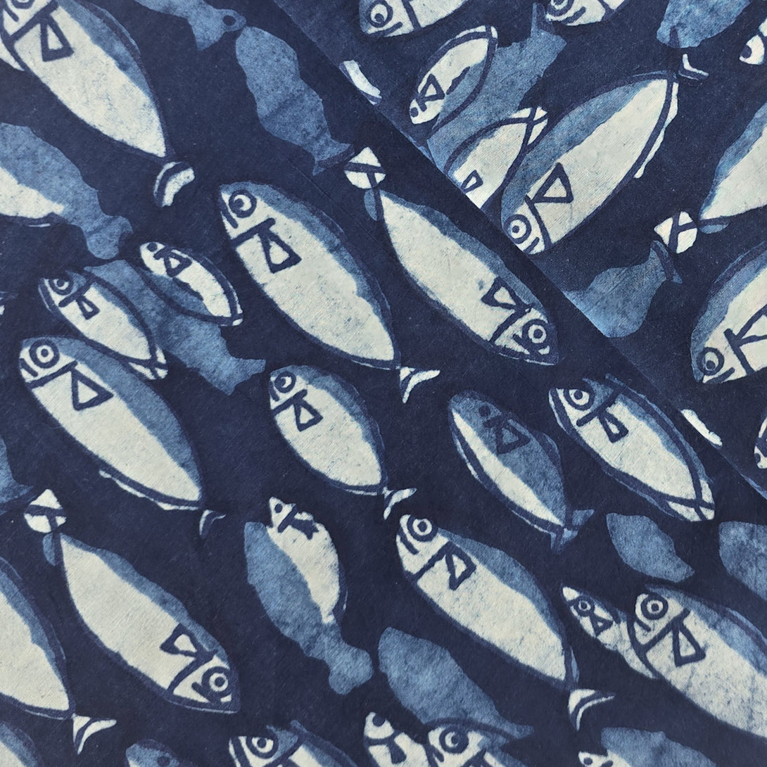 Pure Cotton Indigo Blue with white Group of fish motif Hand Block Prin ...