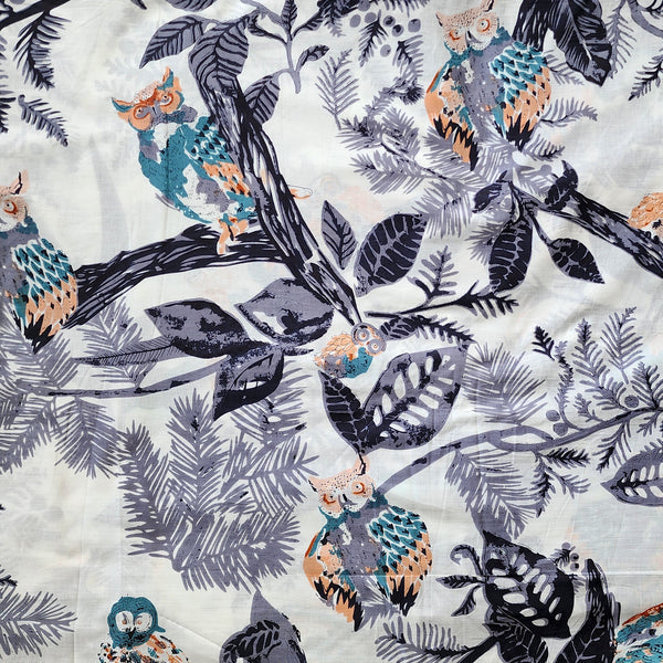 Pure Cotton Screen Print White With Grey Jungle And owl Bird Fabric
