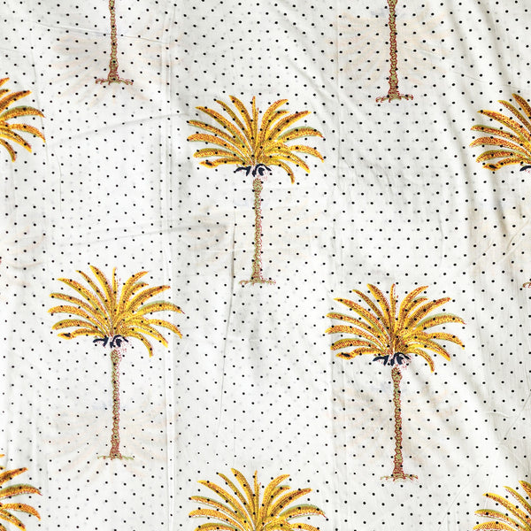 Pure Cotton Screen Print White With Yellow Coconut Tree Motif  Fabric