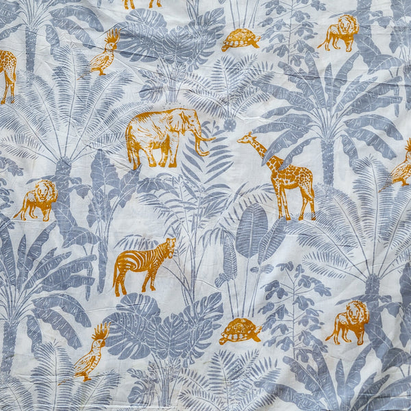 Pure Cotton Screen Print Grey With  Mustard  Jungle And Animals Fabric
