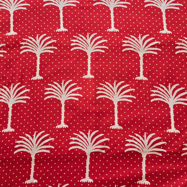 Pure Cotton Screen Print Red  With White  Coconut Tree Motif Fabric