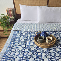 BLUE NIGHT -Pure Mul Cotton Hand Block Printed Reversible Razai Quilt Blanket With Cotton Filling