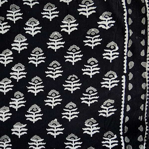 Pure Cotton Black With Grey White Floral Motifs With Border Hand Block Print Fabric