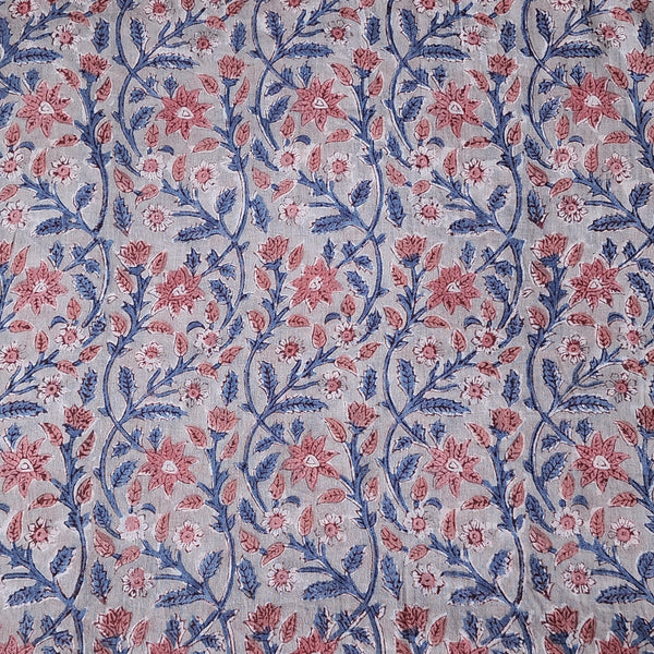 (PRE-CUT 1.35 METER) Pure Cotton Mul Jaipuri Light Grey With Peach Flower Creeper  Hand Block Print Fabric