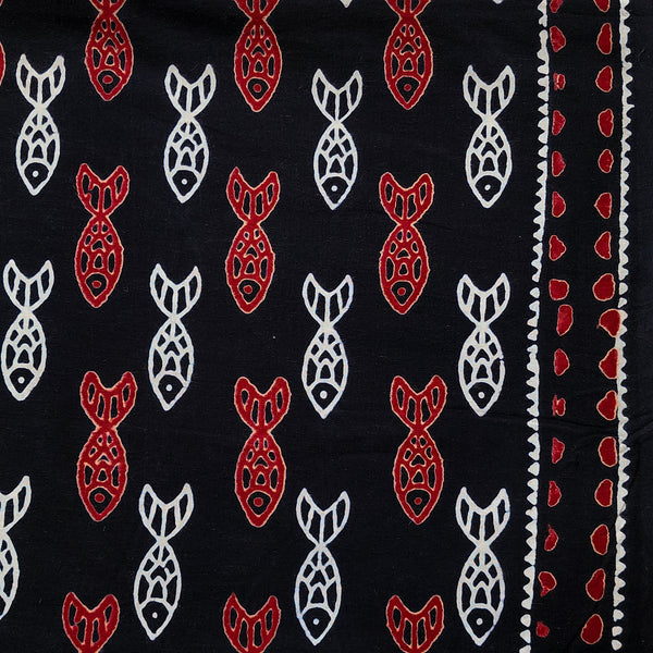 Pure Cotton Black With White And Red Fish With Border Hand Block Print Fabric