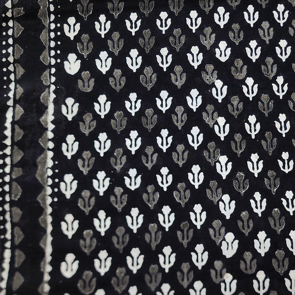 Pure Cotton Black With White Small Flower Motifs With Border Hand Block Print Fabric