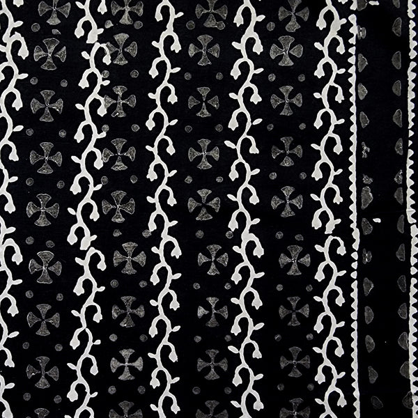Pure Cotton Black With Grey Flowers And White Creeper With Border Hand Block Print Fabric