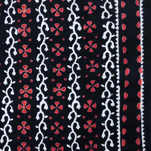 Pure Cotton Black With Red Flowers And White Creeper With Border Hand Block Print Fabric