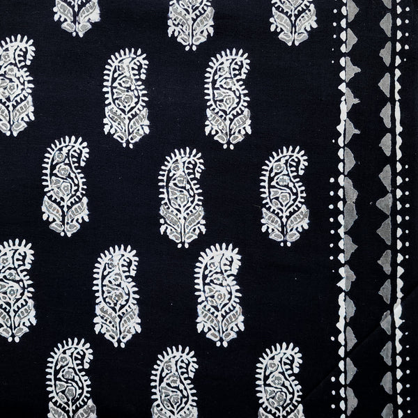 Pure Cotton Black With White And Grey Kairi With Border Hand Block Print Fabric