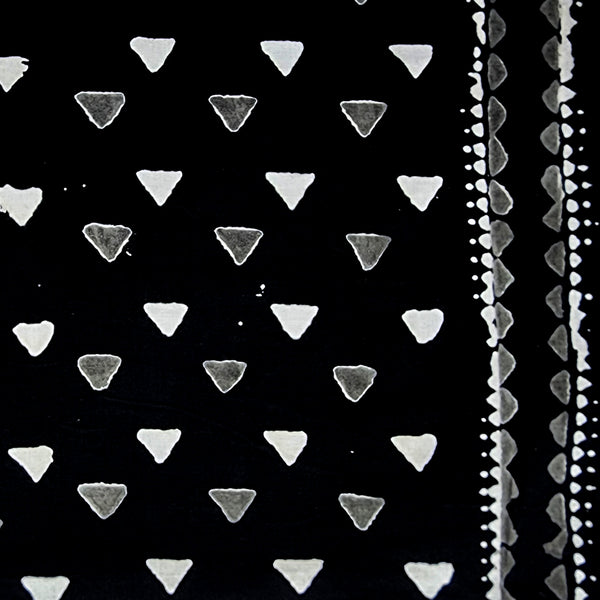 Pure Cotton Black With White Grey Small Triangles Hand Block Print Fabric
