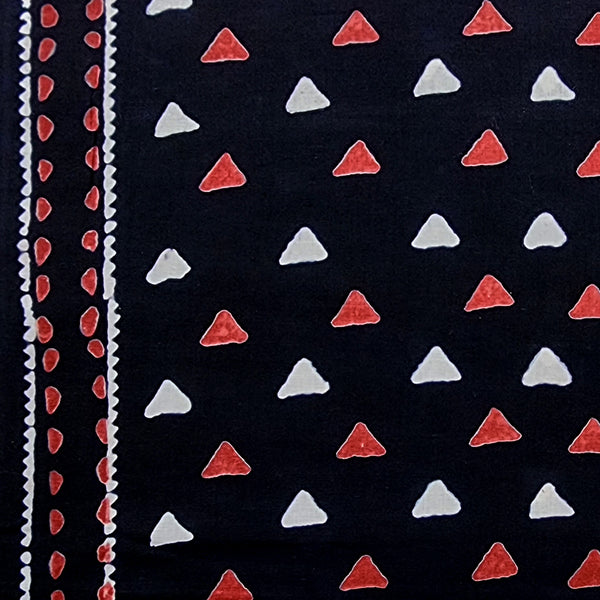 Pure Cotton Black With White Red Small Triangles Hand Block Print Fabric