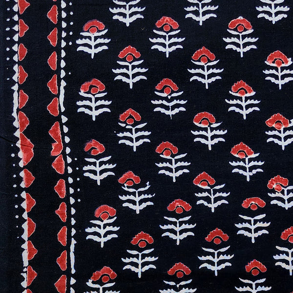 Pure Cotton Black With Red White Floral Motifs With Border Hand Block Print Fabric