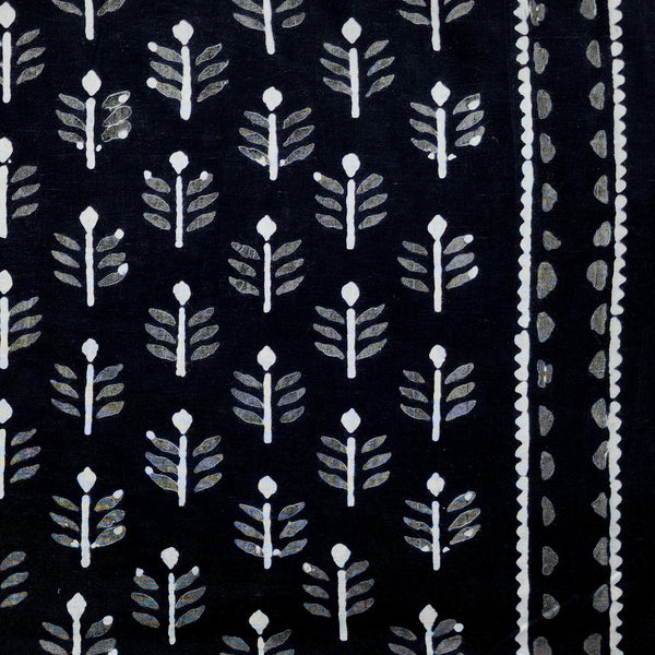 Pure Cotton Black With White Grey Leafs Motifs With Border Hand Block Print Fabric