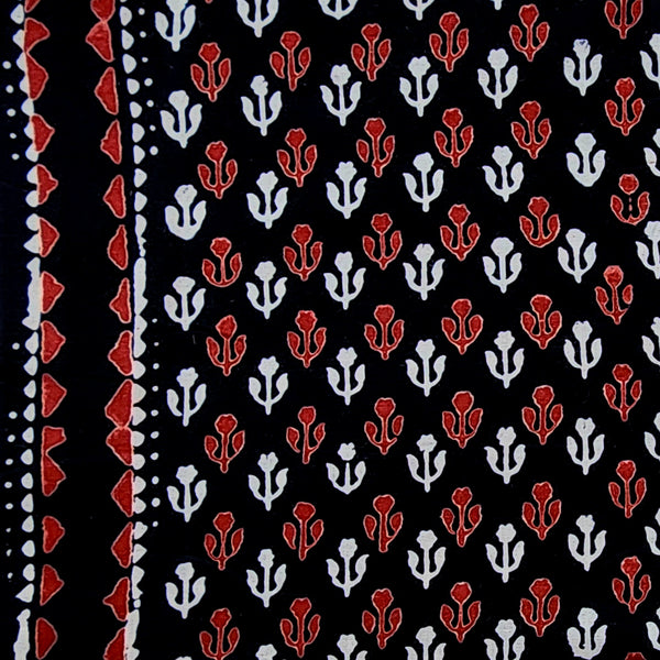 Pure Cotton Black With White And Red Small Flower Mlotifs With Border Hand Block Print Fabric