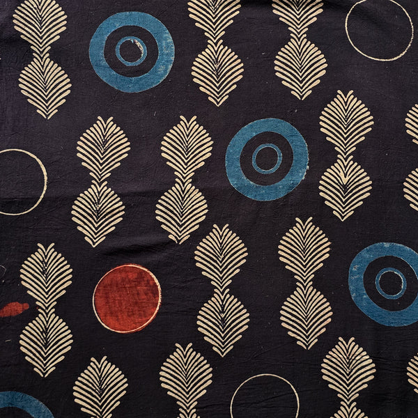 Pure Cotton Ajrak Black With With Big Intricate Circle Motif Design Hand Block Print Fabric