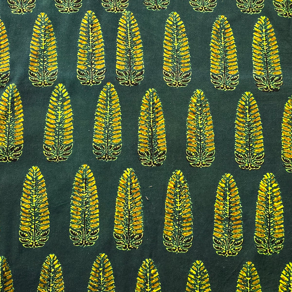 Pure Cotton Gad Ajrak Green With Yellow Leaves Tree Motif Hand Block Print Fabric