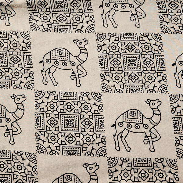 (PRE-CUT 1.5 METER) Pure Cotton Ajrak Vegetable Dyed Black And Cream With Black Intericate Block Hand Block Print Fabric