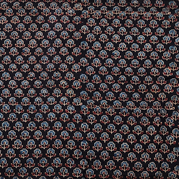 Pure Cotton  Gad Ajrak  Black With Blue Flower  Motif Hand Block Print Fabric