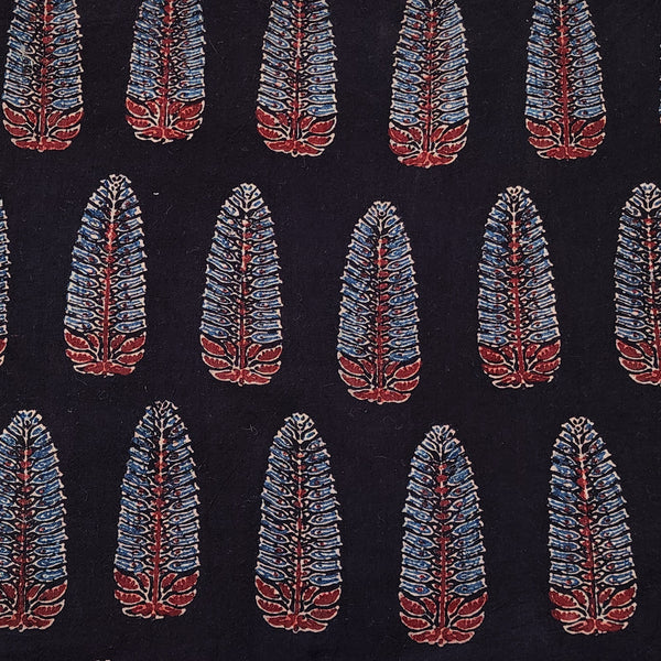 Pure Cotton Gad Ajrak Black With Blue  Leaves  Motif Hand Block Print Fabric