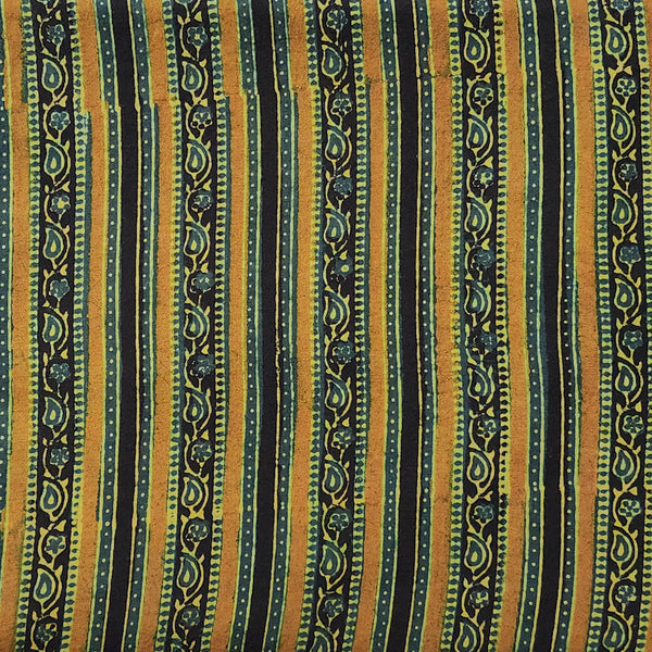 Pure Cotton Double Ajrak Green With Yellow  Border Intricate Design Hand Block Print Fabric