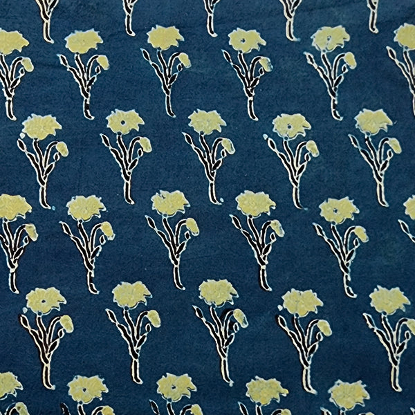 Pure Cotton Gad Ajrak Blue  With  Sandy Brown Flower Motif Hand Block Print Fabric