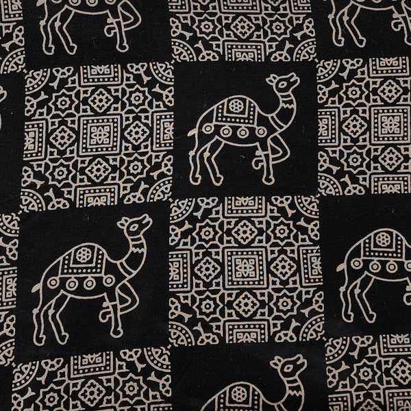 (PRE-CUT 1.80 METER) Pure Cotton Ajrak Vegetable Dyed Black And Cream  Camel With Intericate Block Hand Block Print Fabric