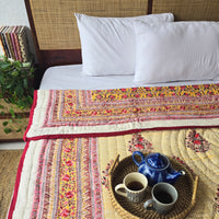 Saffron Sky -Pure Mul Cotton Hand Block Printed Reversible Razai Quilt Blanket With Cotton Filling