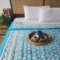 Cozy Clouds - Pure Mul Cotton Hand Block Printed Reversible Razai Quilt Blanket With Cotton Filling